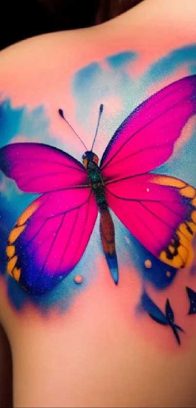Vibrant pink butterfly tattoo on a blue background.