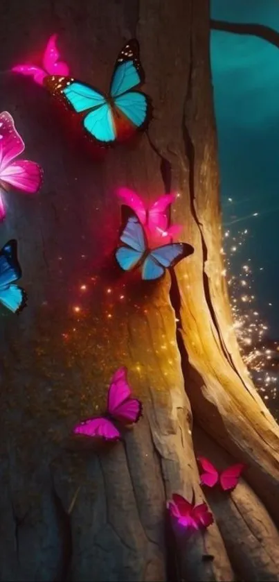 Vibrant butterflies glowing on a tree trunk, creating a magical effect.