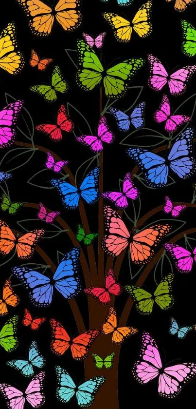 Colorful butterfly tree wallpaper on black background.