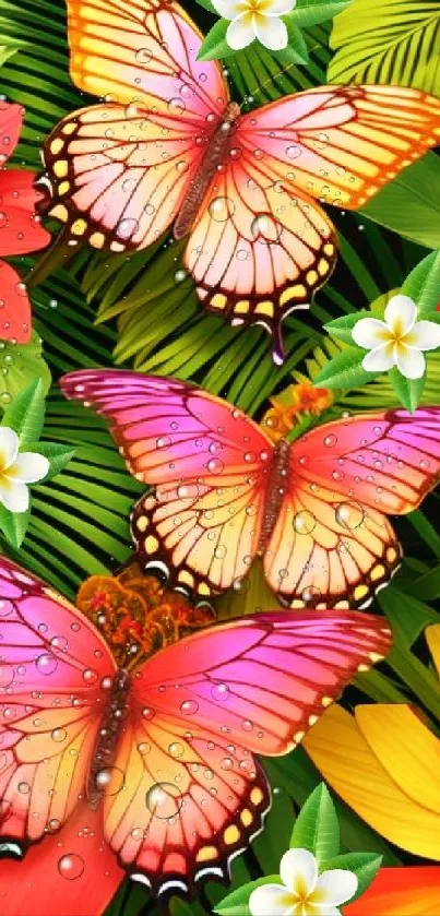 Vibrant pink butterflies with tropical flowers on green leaves.