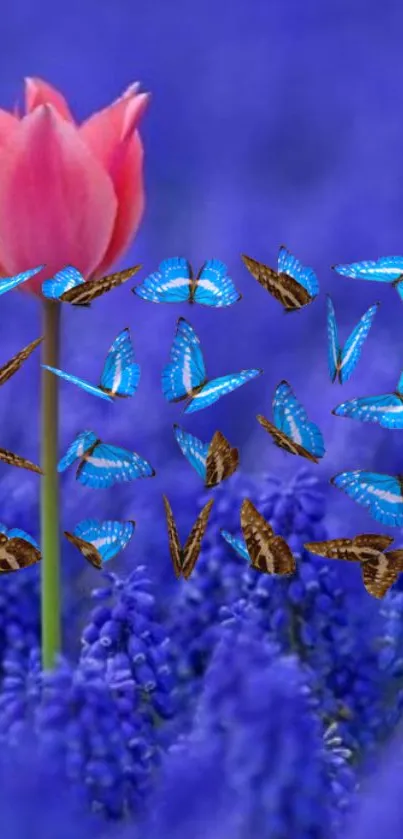 Pink tulip with blue butterflies on a purple floral background.