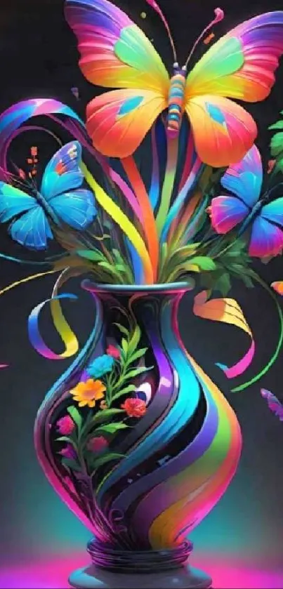 Colorful butterflies in a vibrant vase wallpaper.