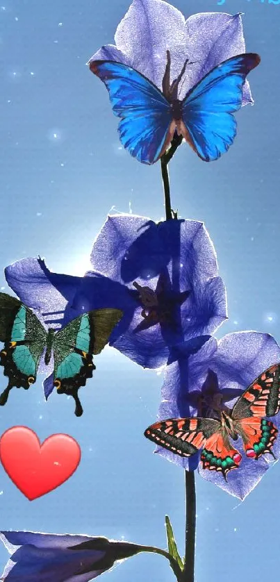 Blue butterflies and flowers on a vibrant nature-themed wallpaper.