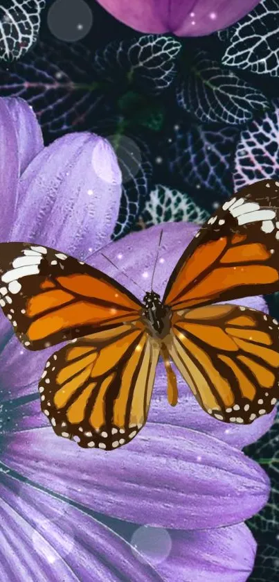 Vibrant butterfly on purple flowers wallpaper.