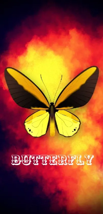 Vibrant yellow butterfly with a fiery red smoky background.