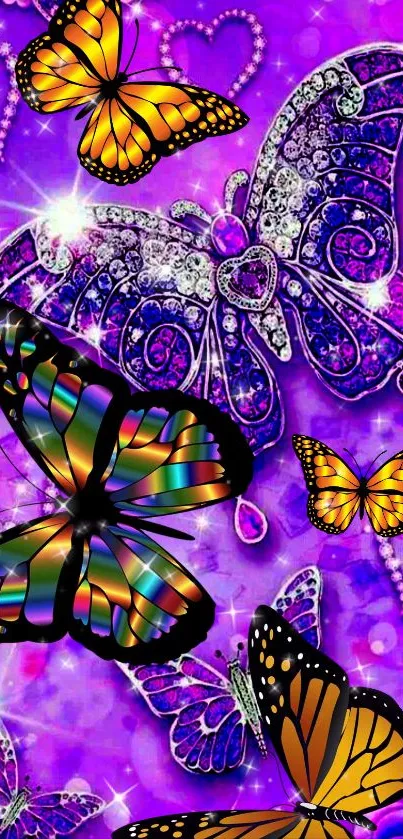 Purple and colorful butterfly wallpaper with jewel details.