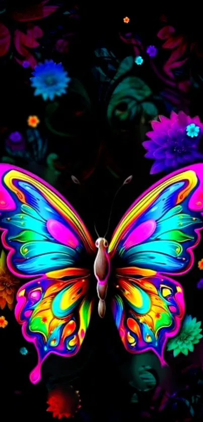 Vibrant neon butterfly with floral accents on black background.