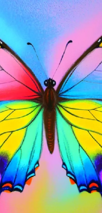 Colorful butterfly soaring in sky with vibrant rainbow hues, perfect for mobile.