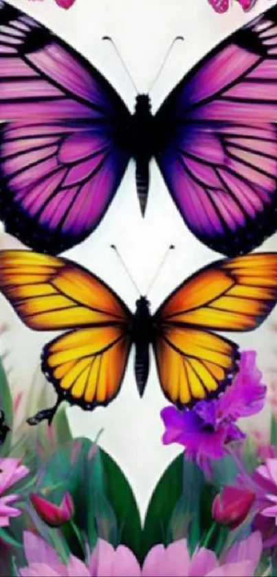 Vibrant pink and yellow butterflies with flowers on a colorful background.