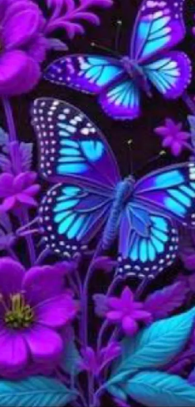 Vibrant purple and blue butterflies amidst flowers.