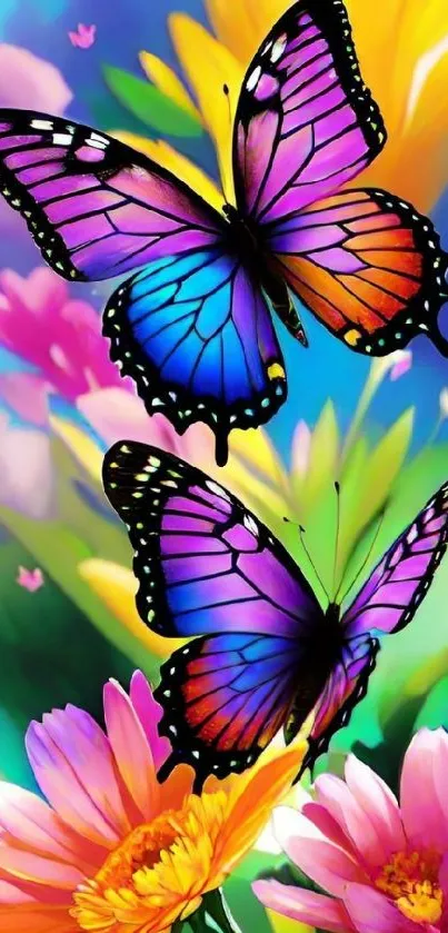 Colorful butterfly and flower wallpaper design.