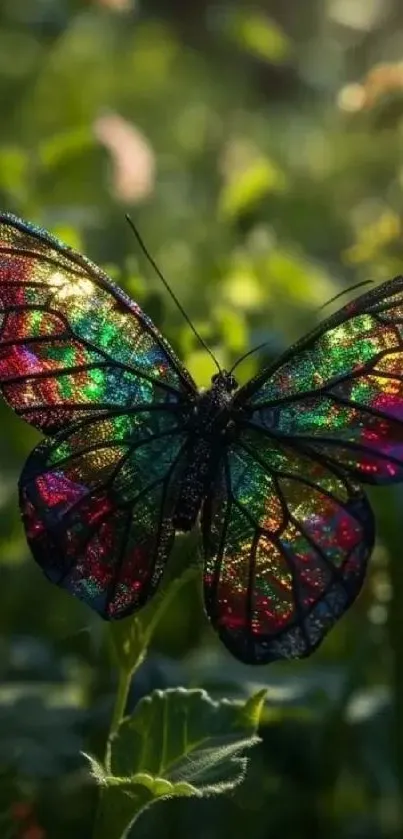 Vibrant butterfly with iridescent wings in lush green environment.