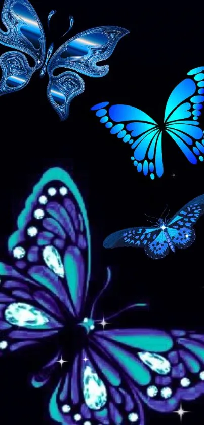 Vibrant blue butterflies on dark backdrop