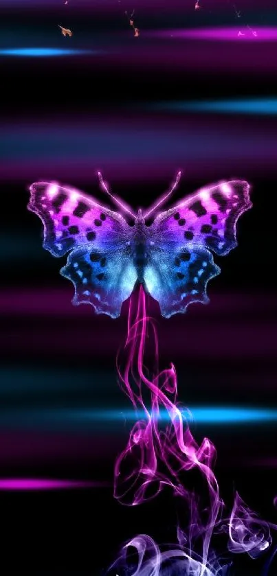 Vibrant butterfly with pink and blue hues on a black background wallpaper.