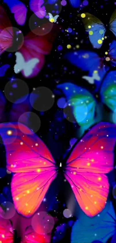 Vibrant butterflies with neon glow on a dark background.