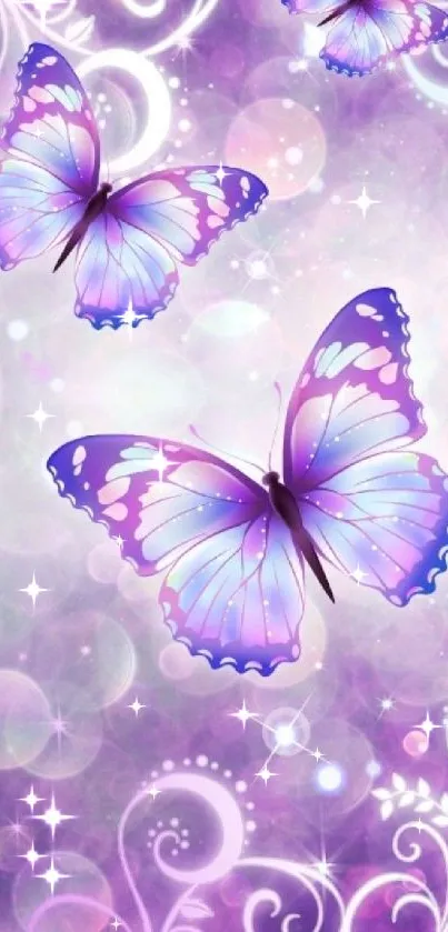 Purple butterfly wallpaper with elegant, swirling floral designs.