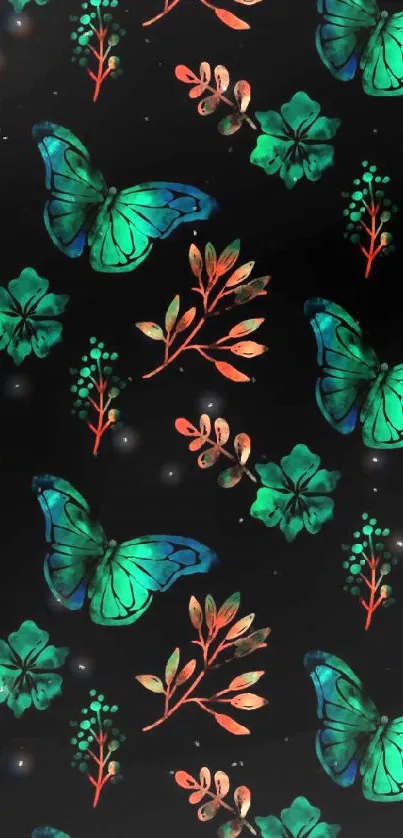 Blue butterflies and floral design on black background.