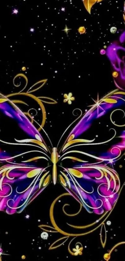 Colorful butterfly with gold accents on black background.