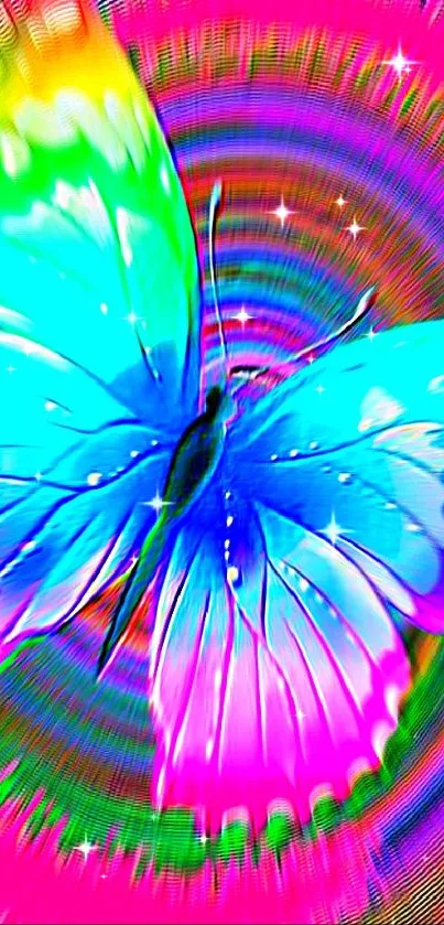 Vibrant neon butterfly with colorful abstract background.