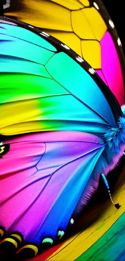 Vibrant butterfly with multicolored wings on a black background.