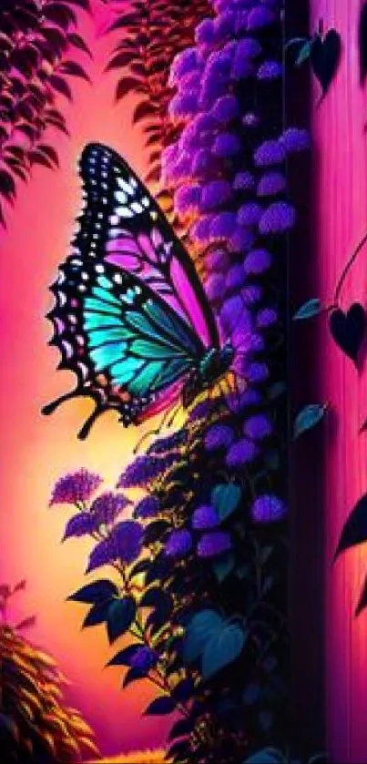 Vibrant butterfly on a colorful, nature-inspired wallpaper.