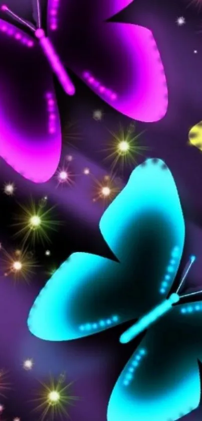 Vibrant neon butterflies on a dark, starry background.