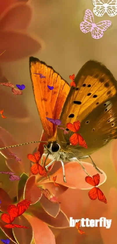 Orange butterfly on branch with autumn leaves