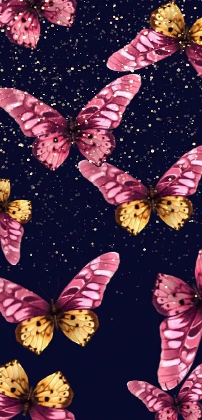 Vibrant pink and orange butterfly wallpaper on dark blue background.