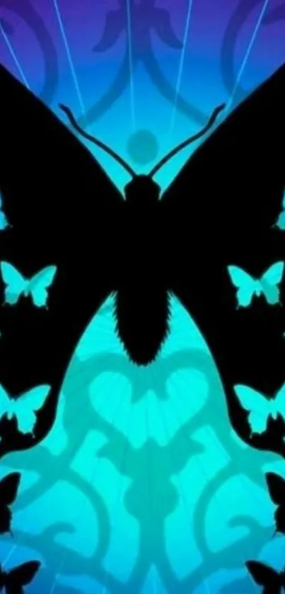 Vibrant blue butterfly silhouette wallpaper for mobile.