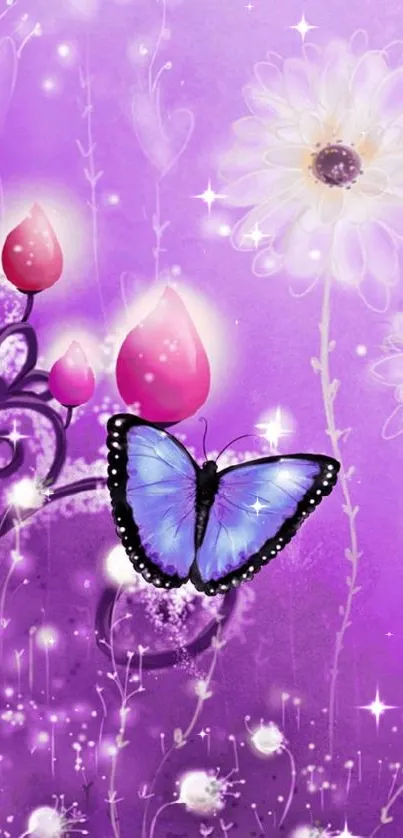 Blue butterfly and flowers on a purple background wallpaper.