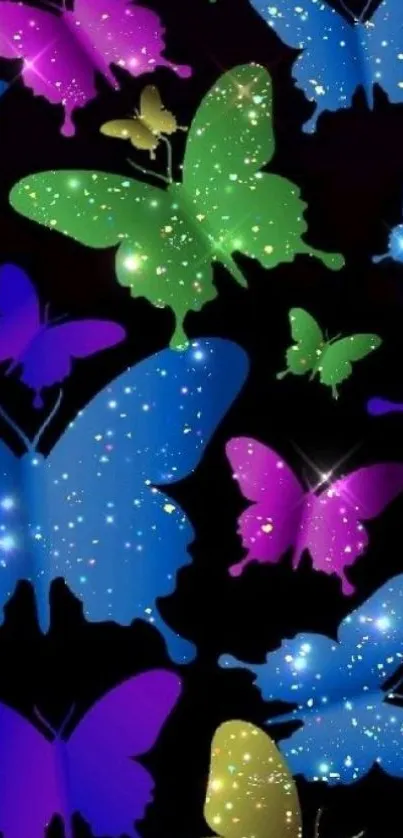 Colorful butterflies with a glitter effect on a black background mobile wallpaper.