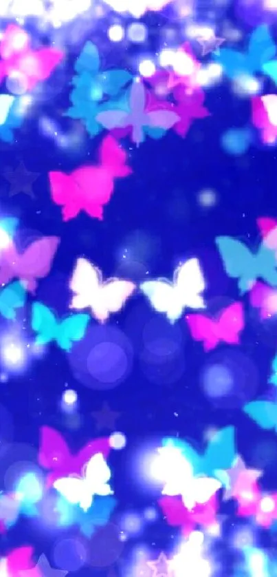 Vibrant butterfly wallpaper with colorful butterfly designs on a blue background.