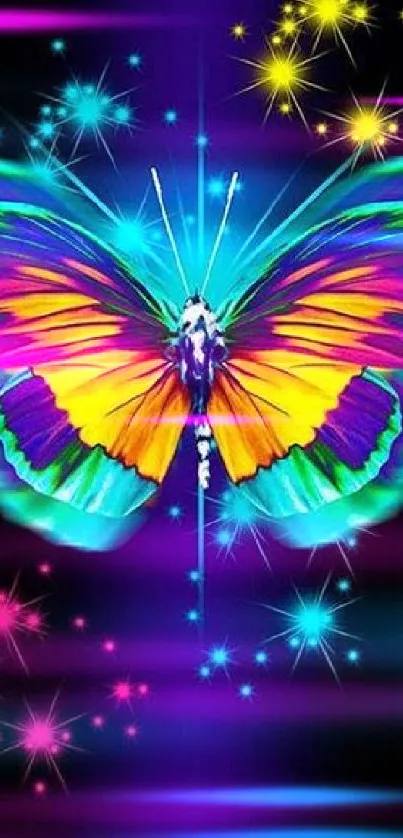 Vibrant butterfly with neon colors and sparkles on a black background.