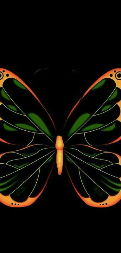 Vibrant butterfly with orange and green wings on a black background wallpaper.