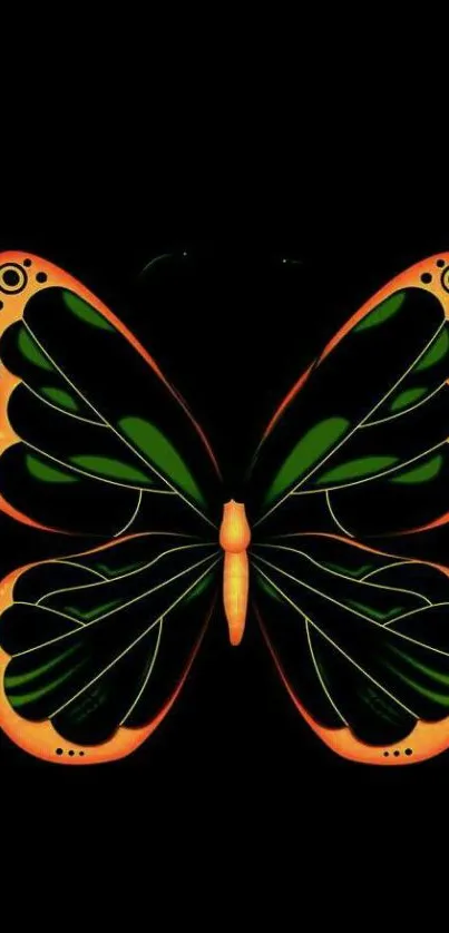 Vibrant butterfly with orange and green wings on a dark background.