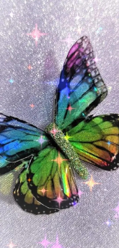 Rainbow-colored butterfly on purple fabric.