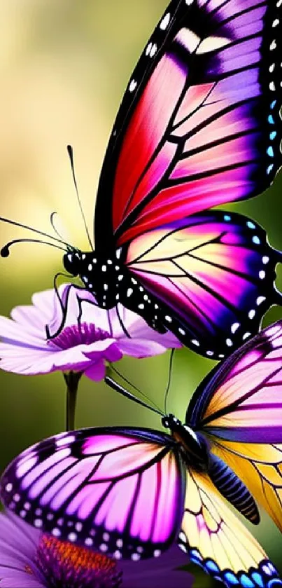 Vibrant butterflies on purple flowers with a soft-focus background.