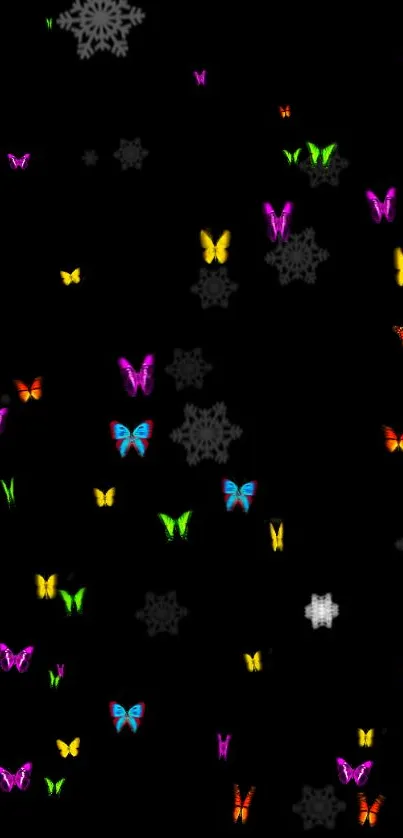 Colorful butterflies on a black background mobile wallpaper.