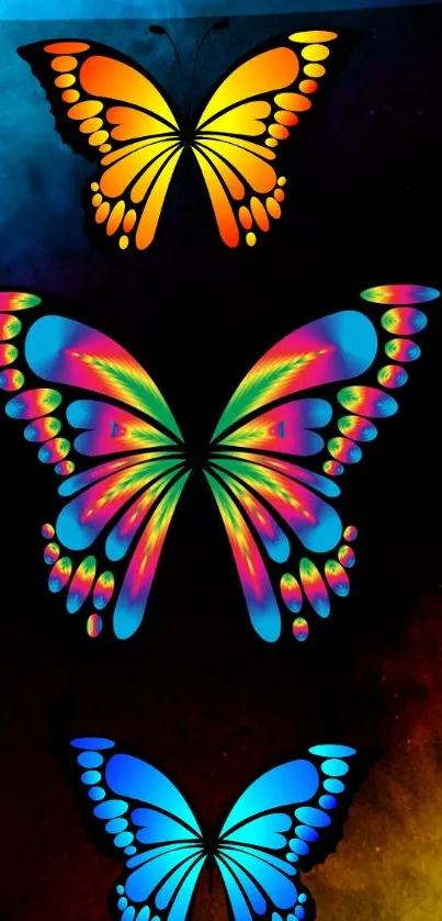 Vibrant neon butterflies on dark background mobile wallpaper.