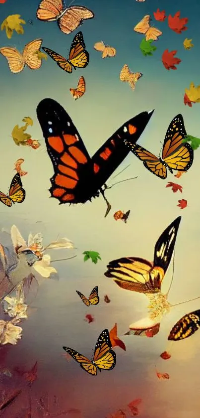 Vibrant mobile wallpaper with butterflies and autumn leaves.