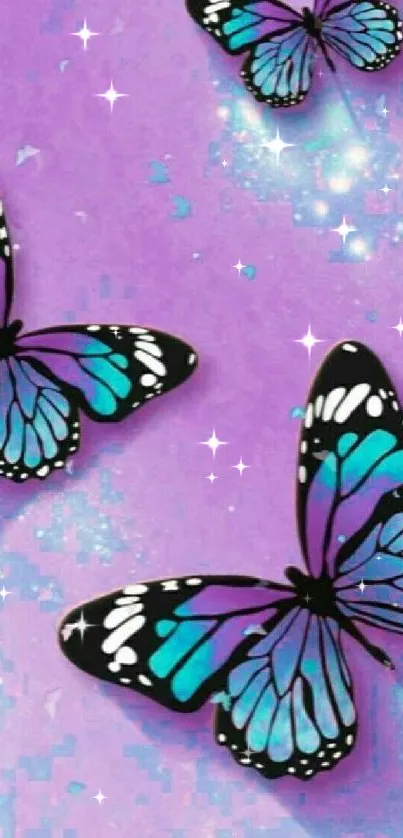 Vibrant blue and purple butterflies on a lilac background.