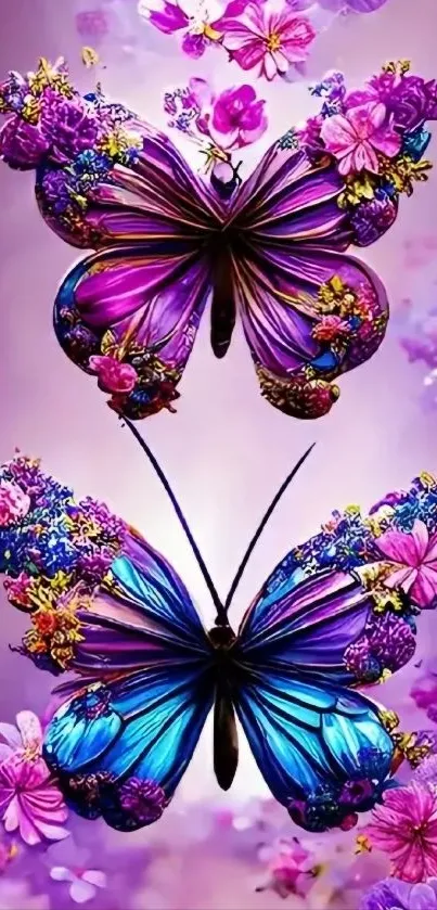 Vibrant butterfly wallpaper with purple and blue floral design.