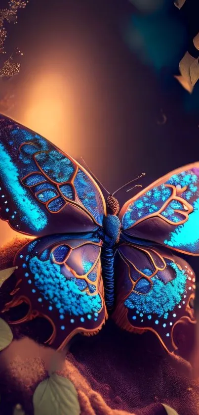 Vibrant blue butterfly art with warm background.