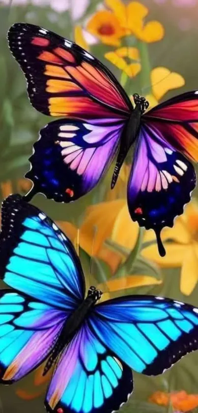 Vibrant butterflies with colorful wings amidst flowers.