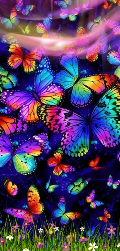 Vibrant neon butterflies on dark background wallpaper.