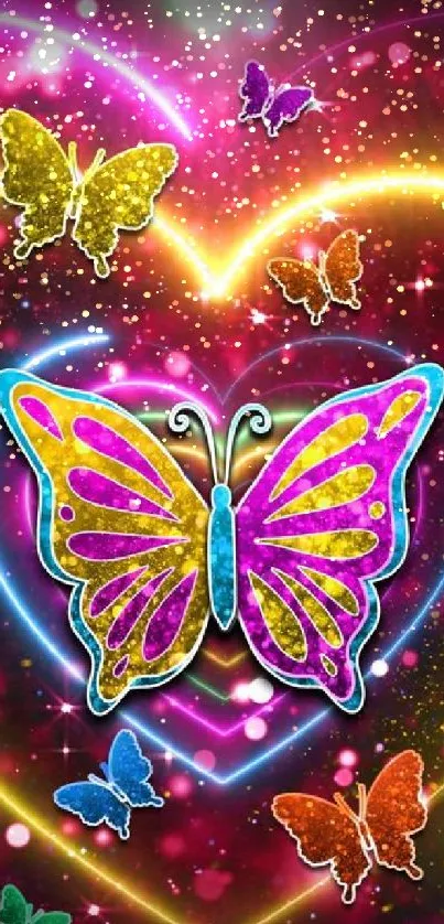 Vibrant butterfly wallpaper with neon hearts and colorful design.