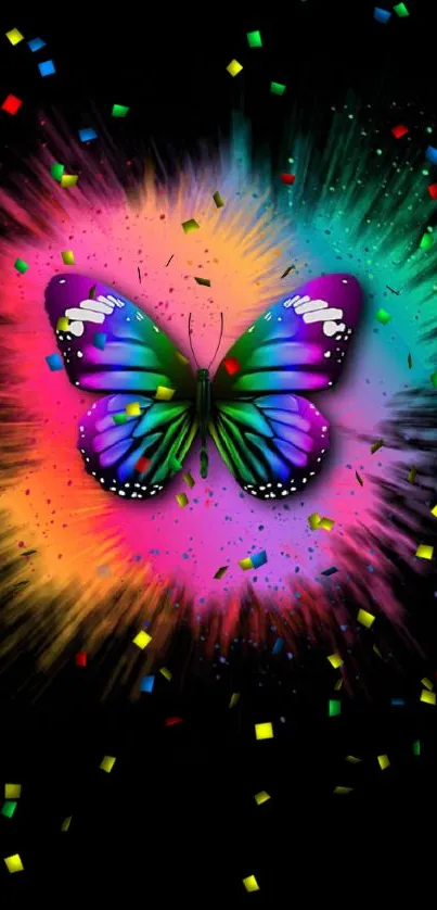 Vibrant butterfly with colorful splash on black wallpaper background.