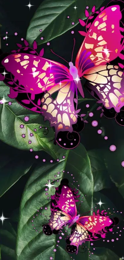 Pink and purple butterfly on lush green leaves.