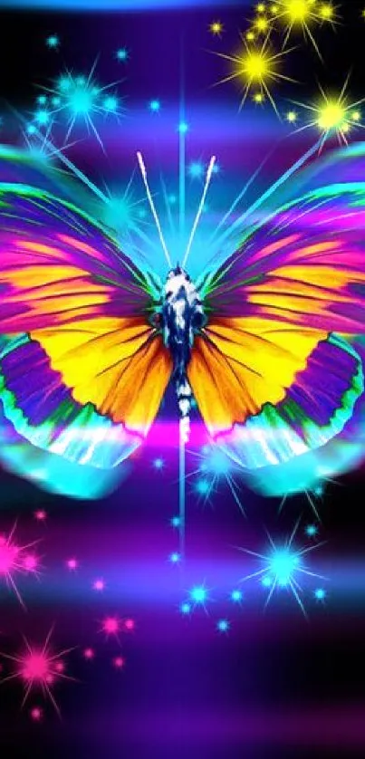 Vibrant butterfly with neon stars on black background.