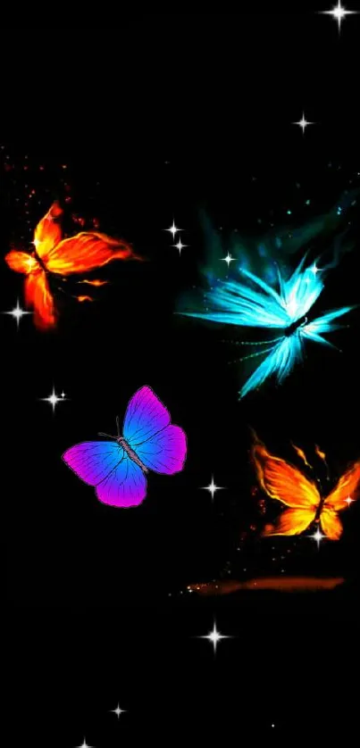 Vivid butterfly wallpaper with neon blue, orange, and pink on black background.